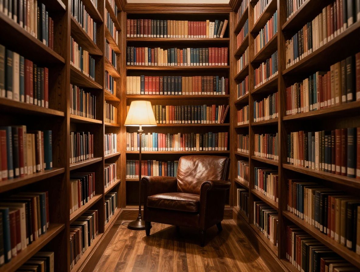 Quiet reading room with tall wooden bookshelves, a leather armchair, and warm lamp light creating an atmosphere of scholarly reflection