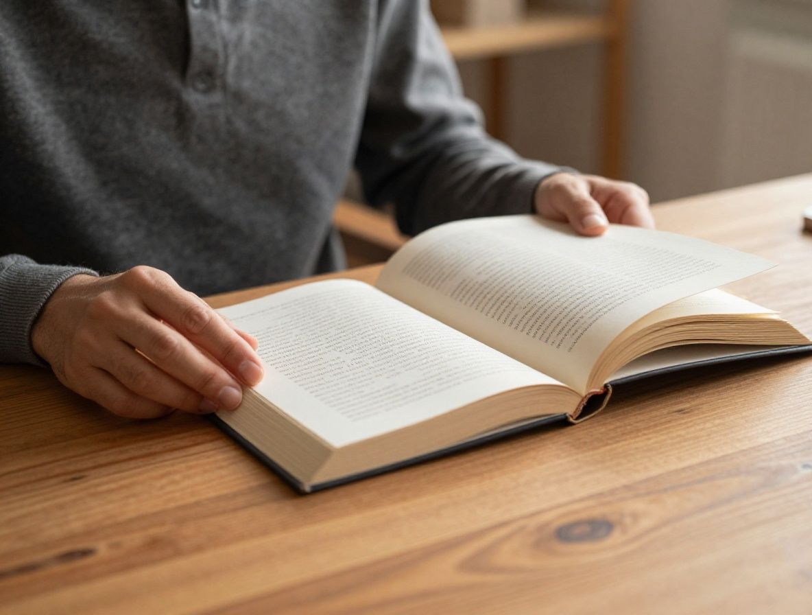 Person sitting at a wooden desk reading an open book in warm afternoon light, surrounded by natural textures and calm indoor atmosphere