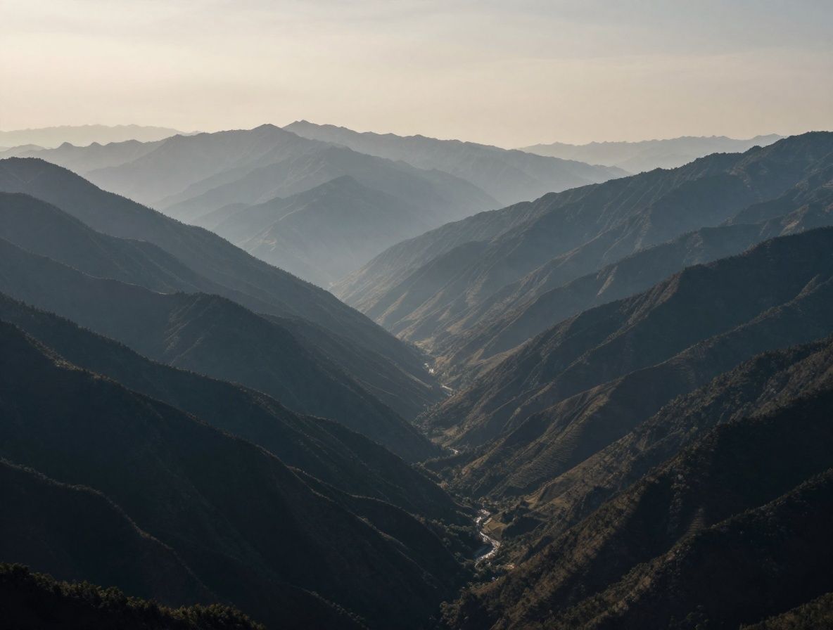 Sweeping mountain valley at dusk with layered ridges fading into atmospheric haze, conveying depth, perspective, and contemplative stillness
