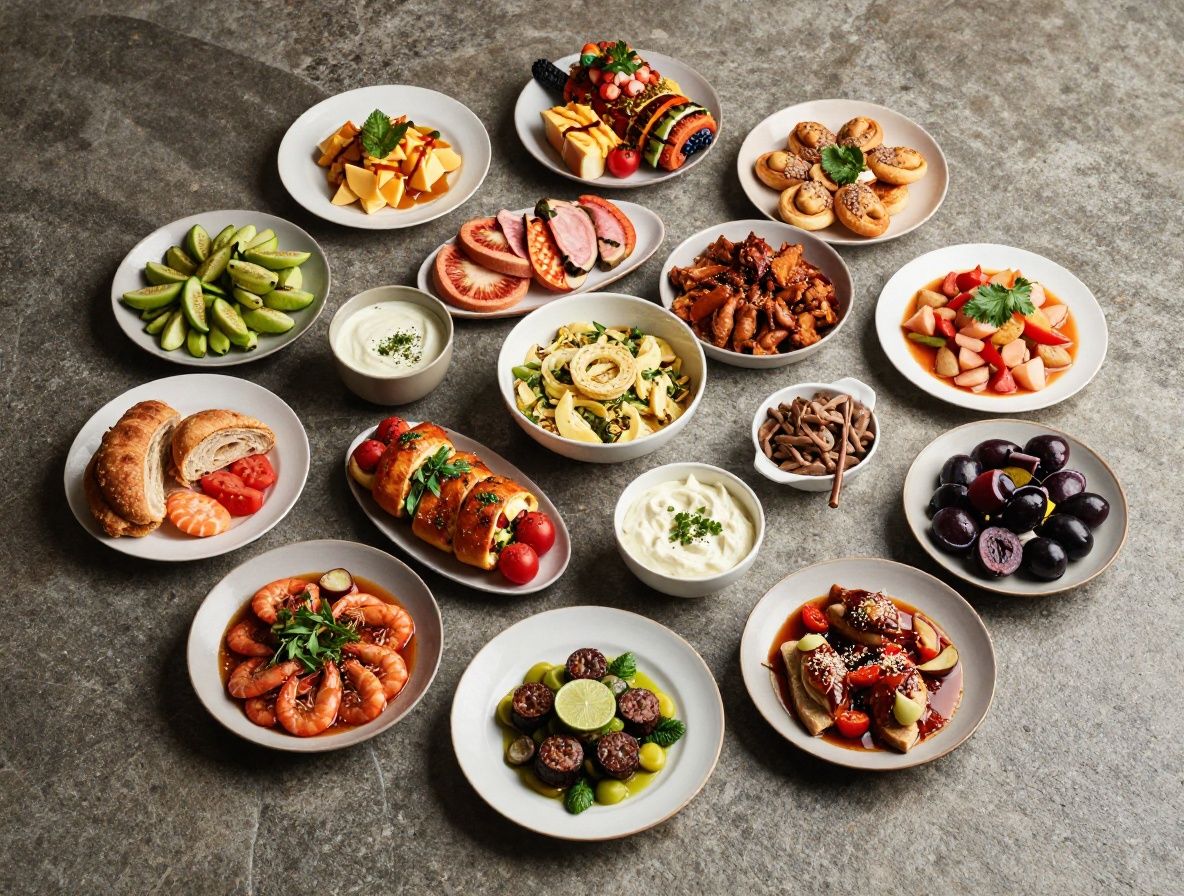 Balanced meal plate with diverse food groups arranged naturally on a stone surface, representing nutritional variety and equilibrium