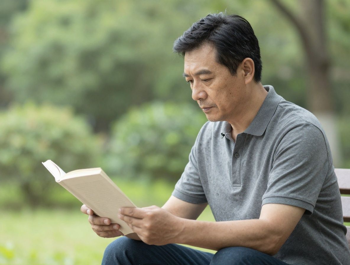 Middle-aged man sitting peacefully in a garden reading, soft natural light, calm reflective atmosphere suggesting thoughtful daily life