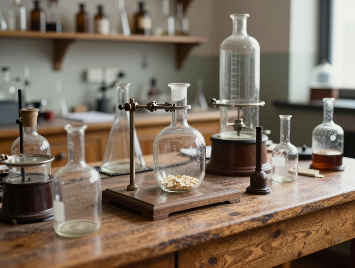 Vintage laboratory setting with glass equipment and natural materials on a wooden bench, evoking early 20th century scientific inquiry
